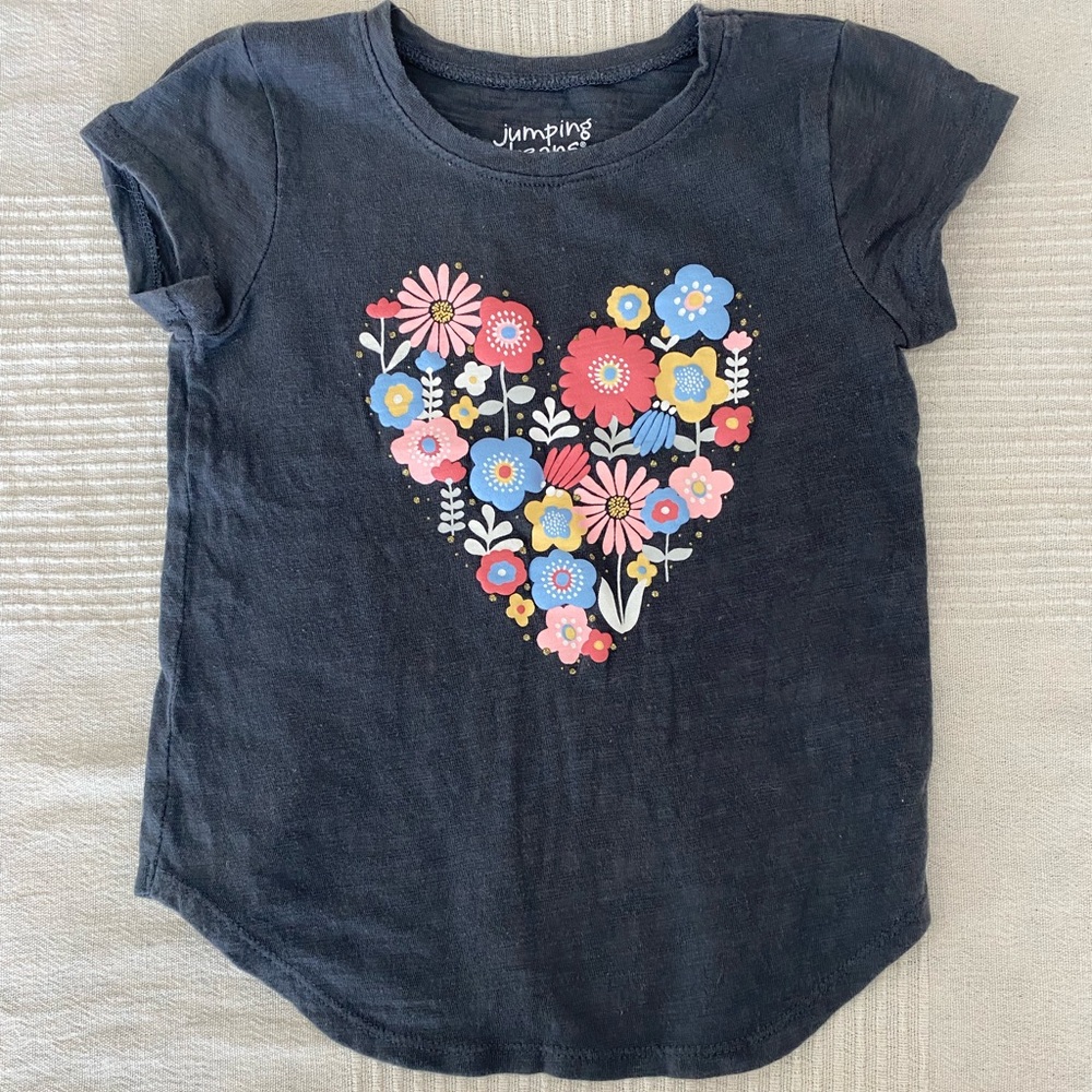 4T - Jumping Beans Black Kids T-Shirt with Floral Heart Design